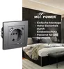 A product shot of a wall socket with USB ports, superimposed on a bedroom scene. Produktbild-Vorschau