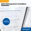 Interior view of a refrigerator showing adjustable glass shelves and a blue circular overlay with text. Produktbild-Vorschau