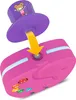 A close-up view of a pink toy with a purple hat-like attachment being inserted into it. The toy has colorful buttons on the bottom and light strips on the sides. Produktbild-Vorschau