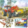 A collage showing a puzzle of a tractor in a forest, loose puzzle pieces, and the puzzle box. Podgląd zdjęcia produktu