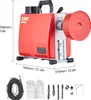 A red and silver drain cleaning machine with various accessories laid out below it, along with dimension labels. Náhled obrázku produktu