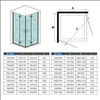 Diagrams and tables showing dimensions and sizes of shower enclosures. Produktbild-Vorschau