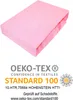 A pink fitted sheet is shown folded on a white background, with OEKO-TEX certification details below. Produktbild-Vorschau