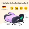 A child booster seat with various safety icons and dimensions displayed. Produktbild-Vorschau