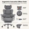 A gray ergonomic executive office chair with various features highlighted by text and inset images. Produktbild-Vorschau