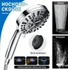 A collage showcasing a chrome shower head with various features and water spray patterns. Produktbild-Vorschau