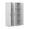 A white wardrobe with its doors open, revealing shelves. Voir les images du produit