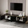 A black TV cabinet with gold accents and legs, shown with its doors open, displaying books and decorative items. A television is mounted on the wall behind it. Anteprima dell’immagine prodotto