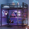 A loft bed with a desk and shelves, set up in a room with neon lights. Anteprima dell’immagine prodotto