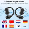 Marketing image for translation headphones, showing the product and flags of various languages. Produktbild-Vorschau