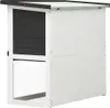 A white rabbit hutch with a dark gray wooden front panel and a mesh door. Náhľad obrázku produktu