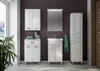 A modern bathroom vanity set with a sink, mirror, and storage cabinets against a purple wall. Voir les images du produit