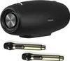 A black portable speaker with two gold microphones. Produktbild-Vorschau