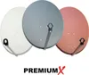 Three satellite dishes of different colors are displayed against a white background. Produktbild-Vorschau