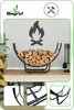 A modern black metal firewood rack filled with logs, with a fire icon above it and close-up shots of the rack's construction below. Podgląd zdjęcia produktu