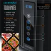 A close-up of a black toaster's touch panel with a digital display and illuminated buttons, alongside a collage of various open-faced sandwiches. Produktbild-Vorschau