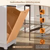 A close-up view of a white kitchen island with an open orange trash bin compartment, showing its interior and a hydraulic arm. Text overlays highlight product features. Podgląd zdjęcia produktu