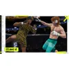 Two male fighters in a UFC octagon, one wearing a tiger-striped shirt and shorts, the other wearing headphones and teal shorts, engaged in a fight. Produktbild-Vorschau
