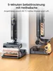 Two cordless wet dry vacuum cleaners are shown, one in a charging base and the other in use with its cleaning head in a base. Text overlays describe features. Produktbild-Vorschau