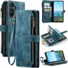 A collage of images showcasing a blue leather wallet-style phone case with a zipper and card slots, displayed from various angles and with the phone inserted. Anteprima dell’immagine prodotto