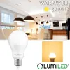 A collage showing a modern dining room and kitchen area, a close-up of an LED light bulb, and a square image of a lit light bulb. Produktbild-Vorschau