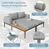 A grey outdoor sofa with a wooden side table, shown with callouts highlighting its features. Anteprima dell’immagine prodotto