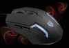A black gaming mouse with blue LED accents is shown against a black background with abstract orange and red wave graphics. Anteprima dell’immagine prodotto