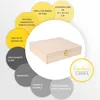 A wooden box is shown with various circular callouts describing its features and benefits. Produktbild-Vorschau