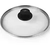 A close-up, top-down view of a glass pot lid with a black handle and a silver rim, set against a white background. Podgląd zdjęcia produktu