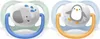 Two pacifiers with cartoon animal designs on a white background. Produktbild-Vorschau