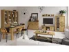 A modern living and dining room setup featuring wooden furniture, including a dining table with chairs, a TV stand, a display cabinet, and a coffee table. Náhled obrázku produktu