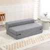 A gray sofa bed is shown in a well-lit room with a white paneled wall and a patterned rug. Náhled obrázku produktu