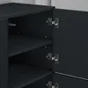Close-up view of the interior of a dark gray cabinet, showing shelves and hinges. Produktbild-Vorschau