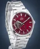 A close-up studio shot of a men's wristwatch with a red dial and silver metal band. Podgląd zdjęcia produktu