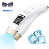 A collage of an IPL hair removal device with accessories and ice cubes. Produktbild-Vorschau