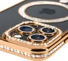 Close-up of a gold iPhone case with diamond accents around the camera lenses and edges. Náhled obrázku produktu