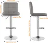 Two views of a gray bar stool with dimensions indicated by text and lines. Produktbild-Vorschau