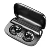 A pair of black wireless earbuds with a charging case, displaying battery indicators on the case. Produktbild-Vorschau