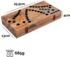 A wooden board game with colored pieces and dimensions labeled. Produktbild-Vorschau