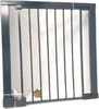 A dark gray metal safety gate with vertical bars is shown against a white background. A small brown object is visible behind the bars at the bottom. Voir les images du produit