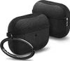 Two black fabric cases for Apple AirPods Pro with a metal ring attached to one of them, set against a white background. Produktbild-Vorschau