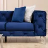 A close-up view of a blue velvet sofa with two decorative pillows. Voir les images du produit