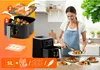 A woman is serving food from an air fryer in a kitchen. The image also includes diagrams of the air fryer's usage and capacity. Náhled obrázku produktu