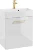 A white bathroom vanity with a sink and a gold faucet and handle. Náhľad obrázku produktu