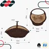 Two views of a dark brown wicker basket with a beige fabric lining, with dimensions and weight indicated by text and lines. Voir les images du produit