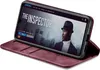 A smartphone in a burgundy flip case is displayed, showing a movie streaming interface on its screen. Produktbild-Vorschau