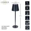 A black LED table lamp with dimensions and feature callouts. Produktbild-Vorschau