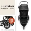 A split image showing a black stroller on the right and a close-up of its wheels and suspension on the bottom left, with marketing text on the top left. Produktbild-Vorschau