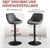 Two bar stools are shown, one with a rotating seat indicated by arrows and the other with an adjustable height indicated by arrows and a measurement. Produktbild-Vorschau