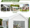 Collage showing different uses of a party tent: as a garage, for commercial activities, and for outdoor parties. The main image shows the interior of a large white tent with tables and chairs. Produktbild-Vorschau